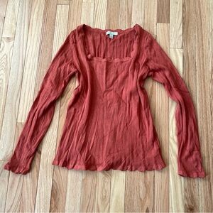 Rust Orange Square Neck Ribbed Knit Top Large Cottagecore Romantic Academia